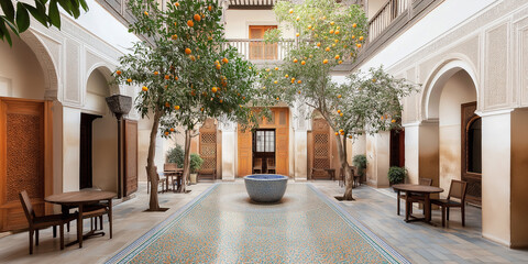 A Moroccan Riad: Mosaic Floors and Vibrant Ceramic Planters Filled with Lush Greenery in a Serene Courtyard