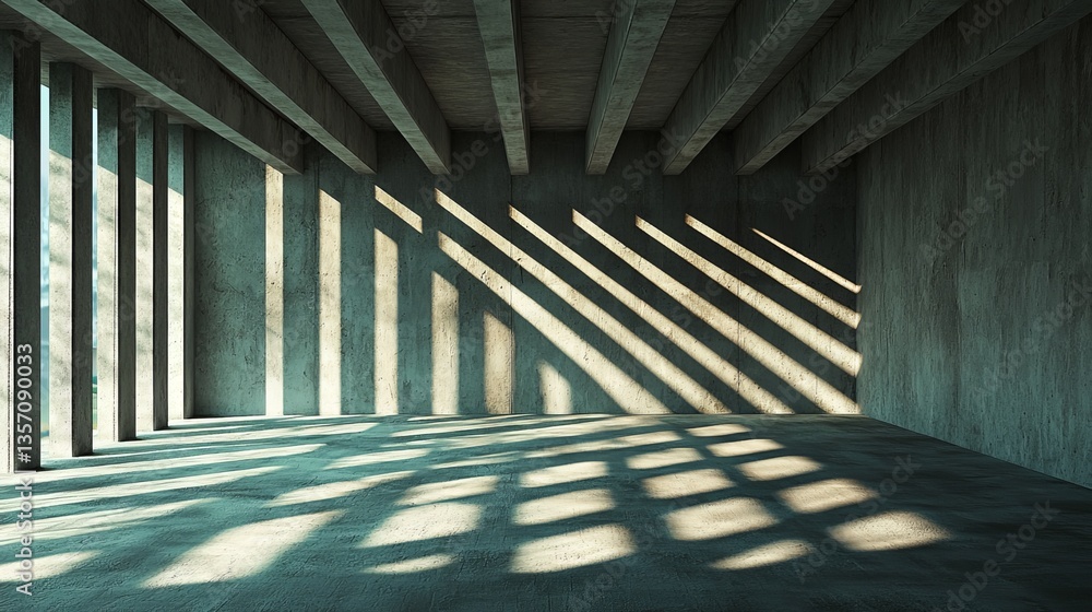 Poster the interior space is characterized by rough concrete and diagonal columns, set within an abstract a