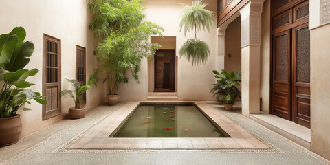 A Moroccan Riad: Mosaic Floors and Vibrant Ceramic Planters Filled with Lush Greenery in a Serene Courtyard