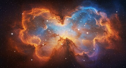 Fototapeta premium Nebula's Cosmic Embrace: Immerse yourself in the breathtaking allure of a radiant nebula, where vibrant hues of orange, blue, and cosmic dust dance in a symphony of light and color.