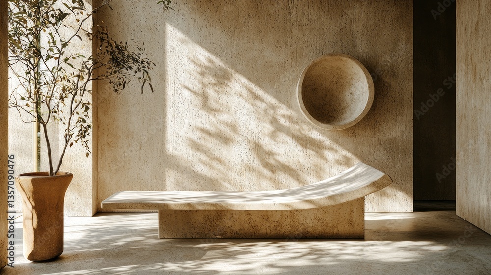 Poster a serene interior blends nature and modernity, featuring a smooth stone bench and a simple clay pot.