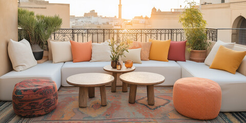  Rooftop Riad Oasis: Colorful Mosaic Tabletops and Moroccan Poufs Under a Golden Sunset Over the City Skyline
