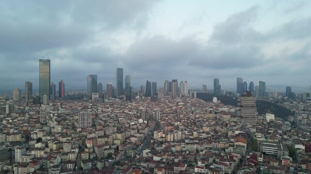 The area around the 4 Levent district of Istanbul flying up drone shot