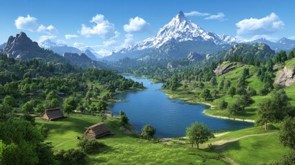 Serene landscape painting depicting a picturesque valley with a winding river, lush greenery, small houses, and a snow capped mountain in the background under a bright sunny sky. 