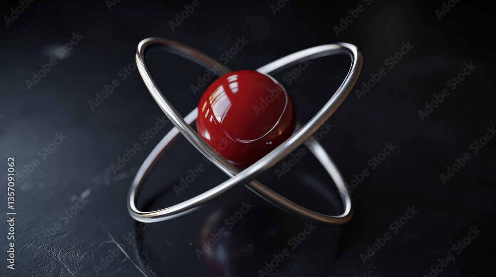 Poster an artistic depiction of an atom showcases a central red sphere with three metallic rings orbiting i