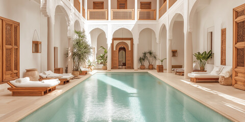 A Moroccan Riad: Mosaic Floors and Vibrant Ceramic Planters Filled with Lush Greenery in a Serene Courtyard