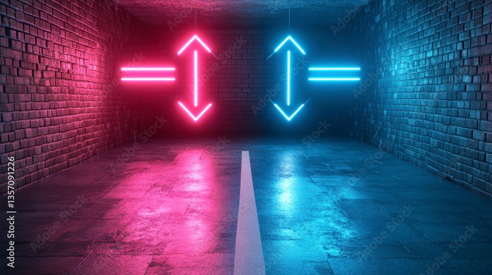 Poster pink and blue neon arrows illuminate a wet brick tunnel. the arrows point up and down, creating a sy