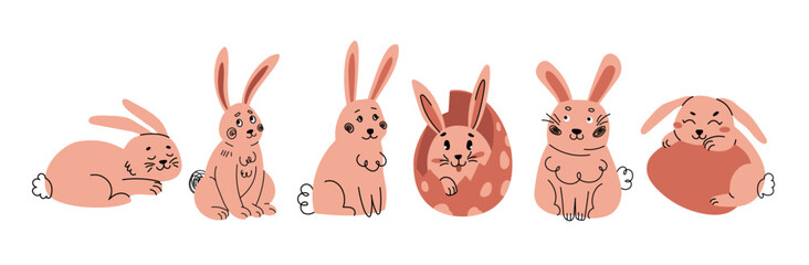 Set of cute Easter bunnies in doodle style. Hand-drawn collection character. Easter rabbit Suitable for postcards and greetings. Vector illustration.