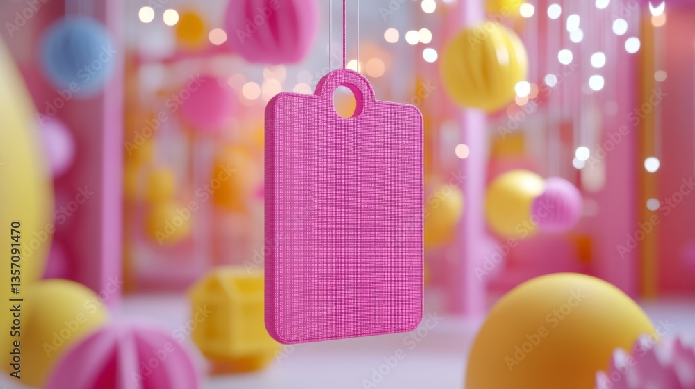 Poster pink and yellow abstract background with hanging geometric shapes and a pink rectangular object in f