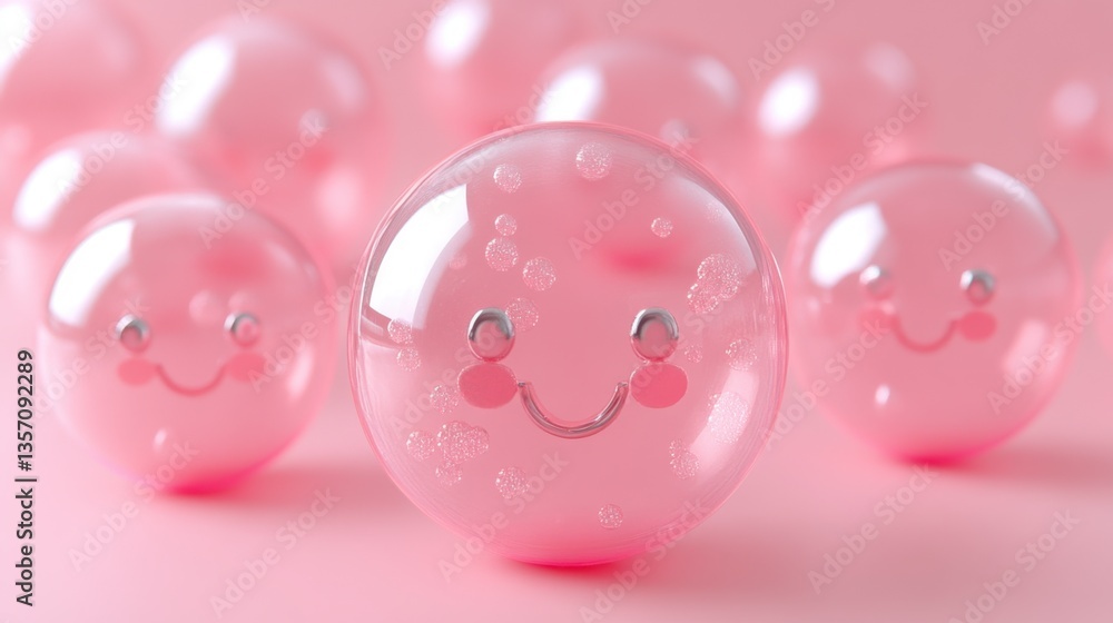 Aufkleber close up view of multiple translucent pink spheres with smiling faces, arranged on a pink background