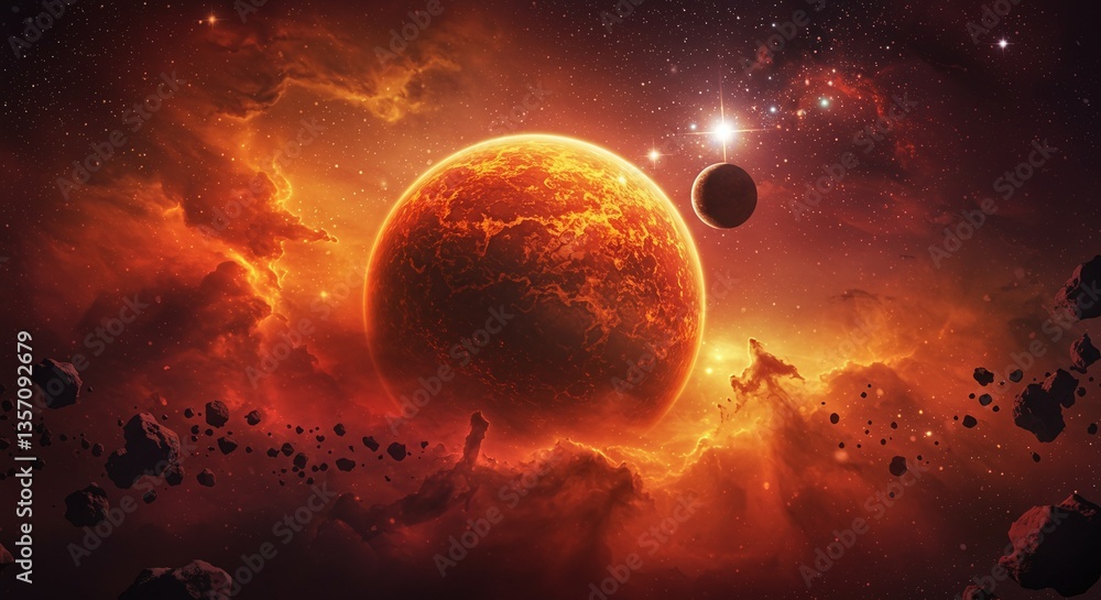 Poster celestial dance: a mesmerizing view of a fiery planet dominates the canvas, with smaller celestial b