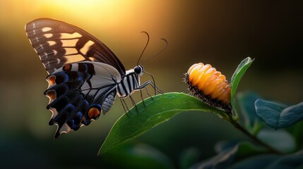 Butterfly emerging from chrysalis, sunrise in nature