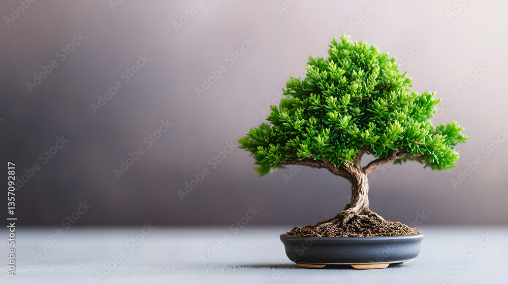 Poster a small, lush bonsai tree in a simple pot, symbolizing tranquility and nature, set against a soft, b