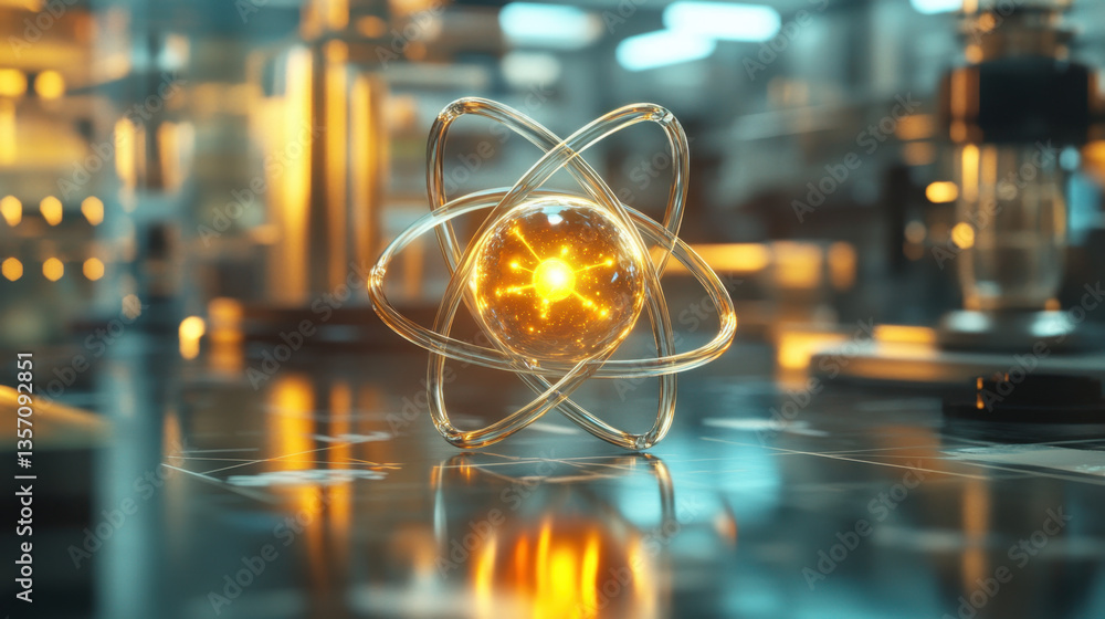 Poster visual display of an atom with clearly defined protons and electrons, set in a laboratory filled wit