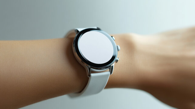 White smart watch with round blank screen worn on wrist, representing modern wearable technology, fitness tracking,personal digital accessory in a natural lifestyle setting.copy space,banner.mock up,
