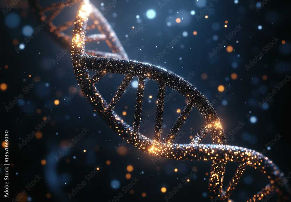 Poster glimmering strands of dna form a double helix against a dark backdrop, illuminated by shimmering par