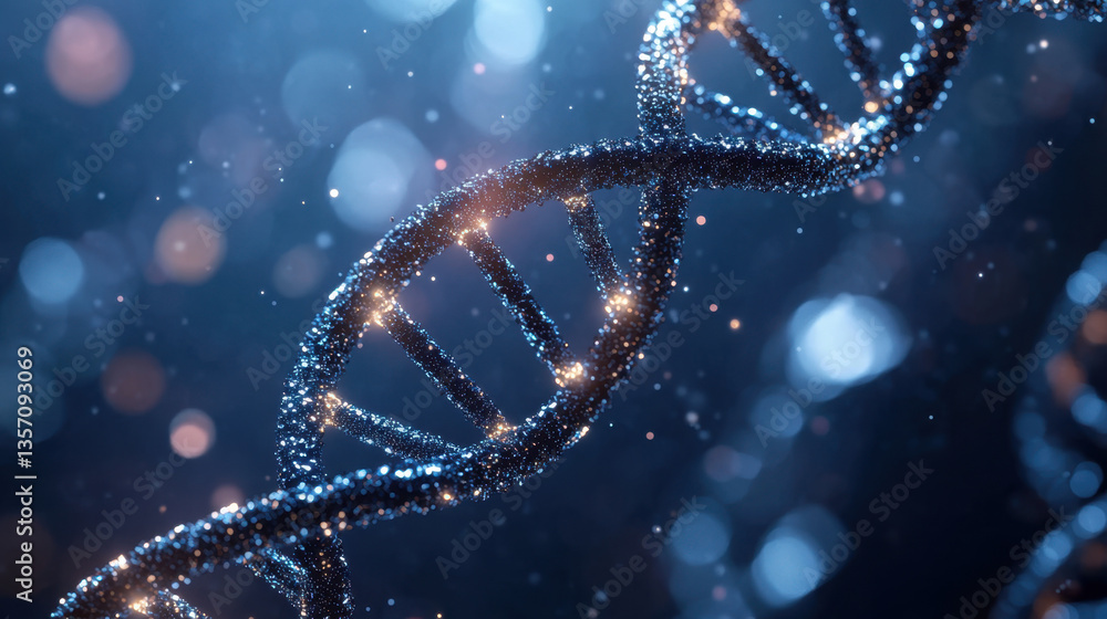 Poster a double helix dna structure reveals intricate patterns and sparkles against a soft, blurred backgro