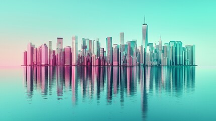 The skyline of a futuristic smart city is illustrated in a minimalist style, with angular towers reflected in calm waters