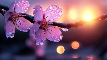 Dew-kissed pink blossoms at sunrise