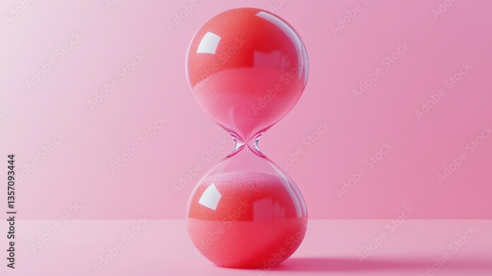 Poster pink hourglass with translucent glass bulbs filled with sparkling red particles against a pale pink 