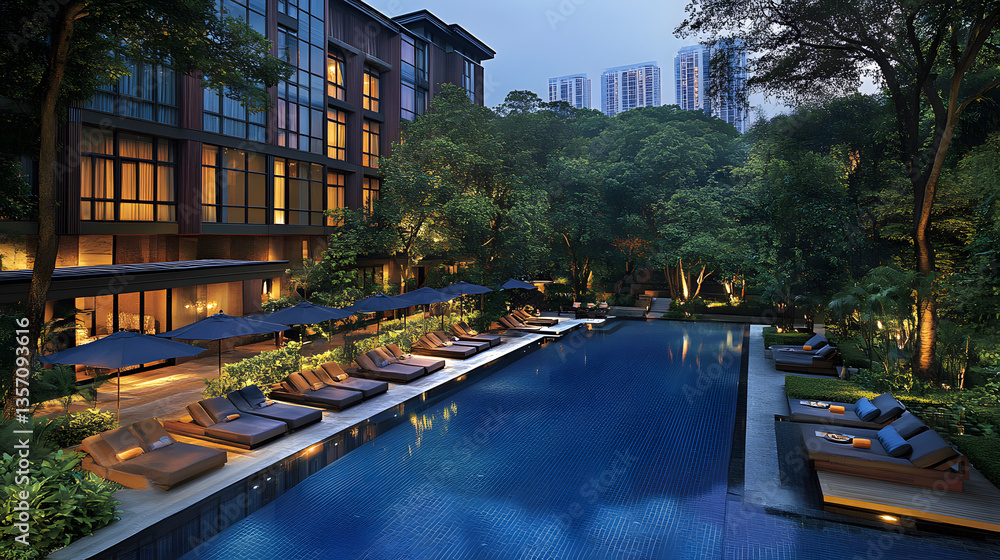Poster a serene evening scene featuring a luxurious pool surrounded by lush greenery and modern architectur