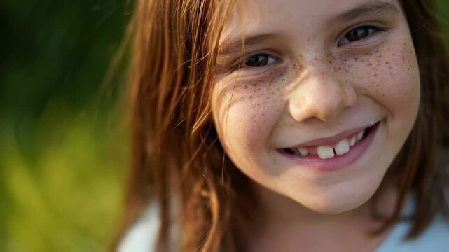 Close-up of smiling young girl with freckles and long brown hair outdoors in natural light, joyful expression symbolizing innocence and warmth