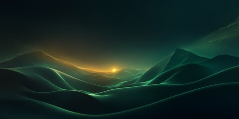 Abstract landscape with a dynamic interplay of light and form, creating a mesmerizing visual experience. The scene showcases rolling hills and a warm glow illuminating the horizon.