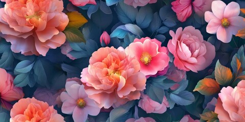 Fototapeta premium a close-up of an array of delicate, soft-hued flowers that exudes a serene, dreamy atmosphere. The vibrant petals and lush foliage create a sense of beauty and tranquility