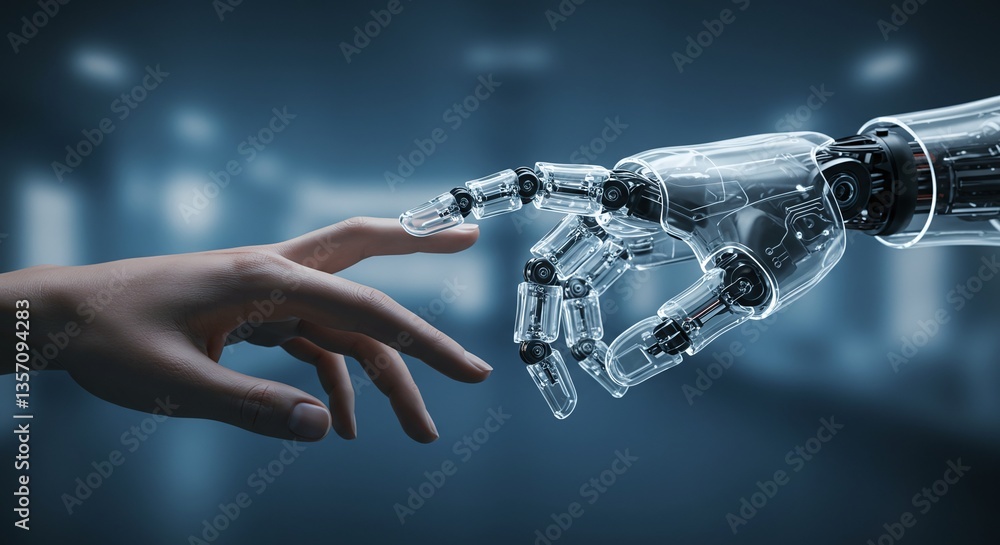 Poster bridging worlds: a human hand reaches out to connect with a mechanical robot hand, symbolizing the i