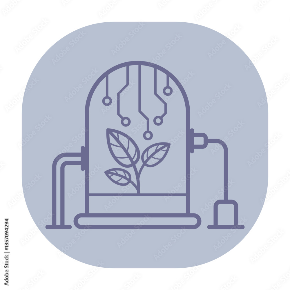 Poster line icon of plant growing inside transparent device. digital circuitry elements symbolizing integra
