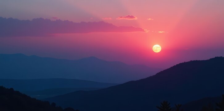 Soft gradient sky at sunset with full moon hanging low, tranquil evening landscape, evening, landscape, twilight