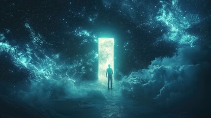Fototapeta premium Figure before a surreal luminous doorway in a dreamlike celestial landscape, standing at the threshold of the unknown.