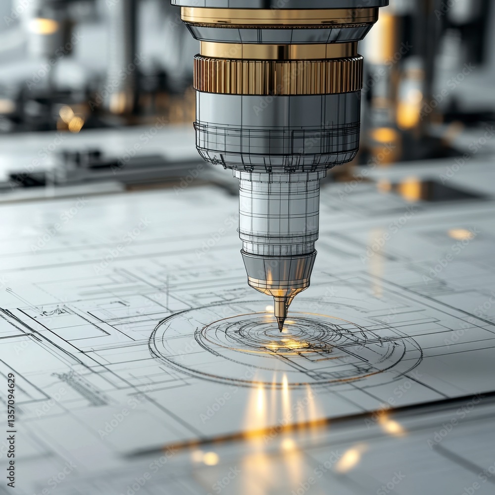 Poster close up of a precision robotic arm etching a design onto a blueprint. the metallic arm is highly de