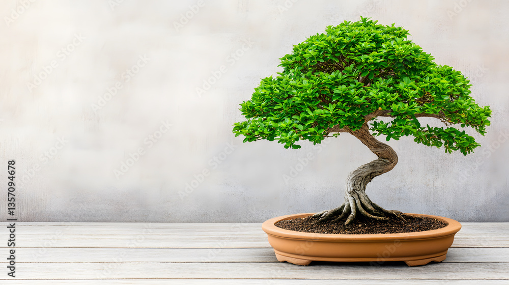 Poster a beautifully crafted bonsai tree in a pot, showcasing intricate leaves and a twisted trunk against 