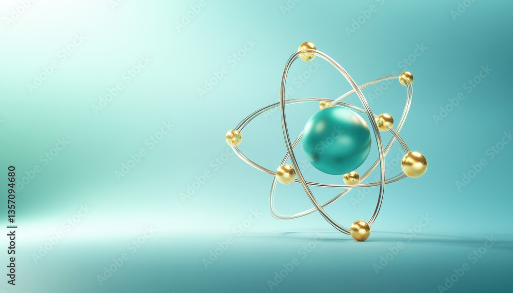 Poster visual depiction of an atom with a central nucleus surrounded by protons and neutrons, and electrons