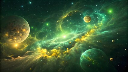 Cosmic Nebula Vibrant Green & Yellow Stardust in Deep Space V3