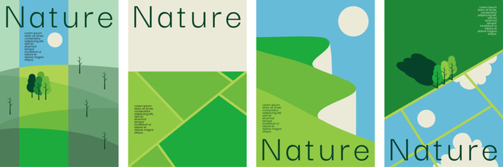 Minimalist nature landscape illustrations with green hills, fields, forests, perfect for eco-friendly posters, environment-themed prints, and modern sustainable design. © FerouFYN