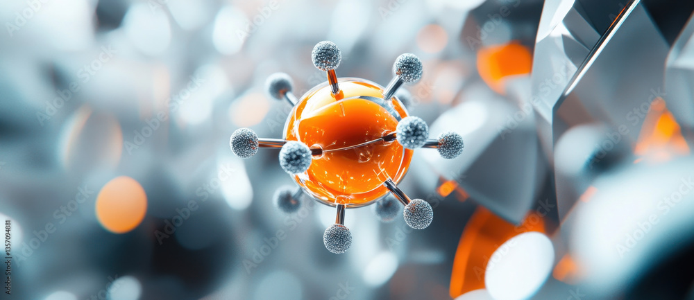 Poster visual displays the structure of an atom with clearly arranged protons surrounding an atomic nucleus