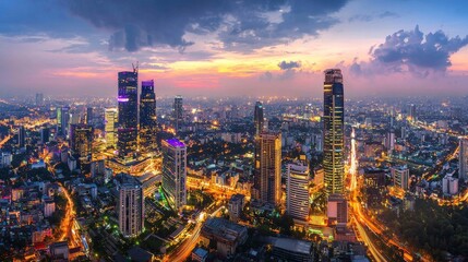 Obraz premium An aerial view captures the cityscape at sunset, showcasing modern buildings and a sea of urban lights against a vibrant backdrop