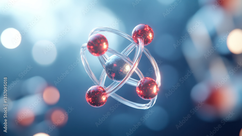 Poster representation of a hydrogen atom showing protons and electrons in a vibrant display, illustrating a