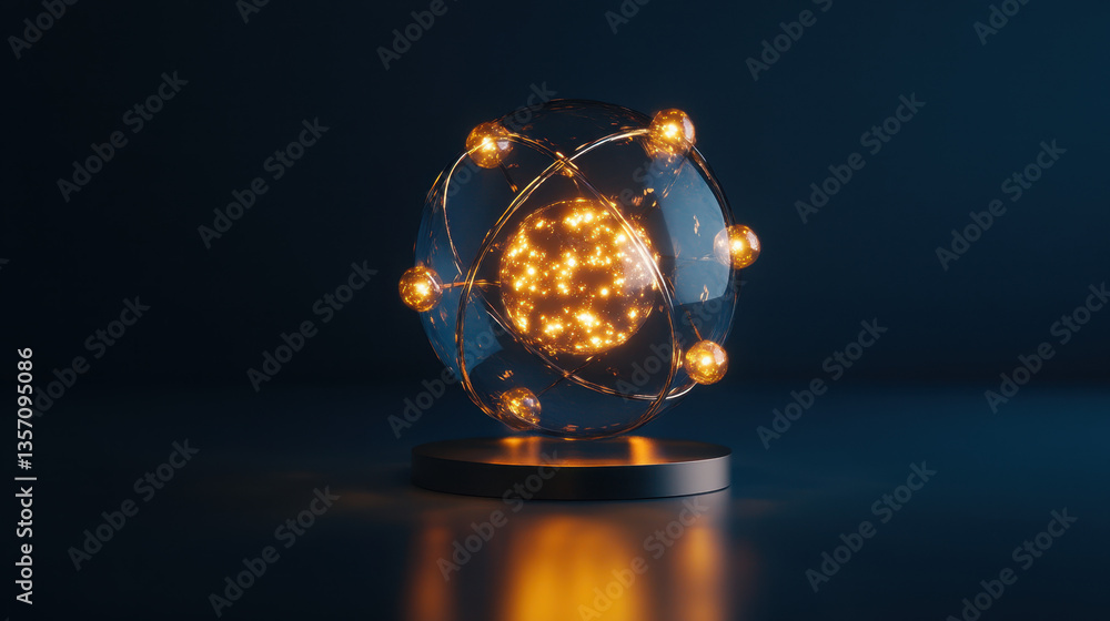 Poster an intricate design displays an atom featuring protons and neutrons within a glowing spherical struc