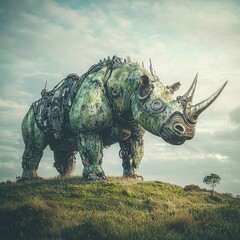 Fototapeta premium A high-tech cityscape serves as the setting for a vibrant cyberpunk rhinoceros image