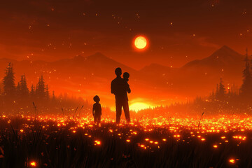 Fototapeta premium Family Silhouette at Sunset Over Flower Field