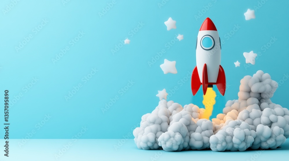 Poster stylized 3d rendering of a red and white rocket launching from fluffy clouds against a light blue ba