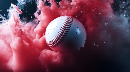 White baseball ball in multi colored red smoke from a vape on a black isolated background. Baseball balls flying in water drops and splashes isolated on a black background