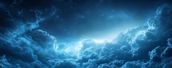 Fototapeta premium an ethereal, dramatic sky filled with voluminous, swirling clouds. The colors range from deep blues to lighter, radiant areas