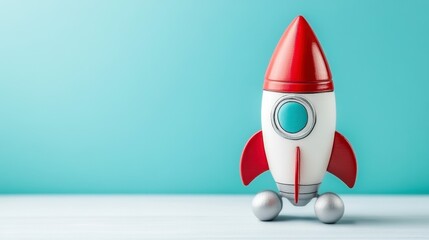 Red and white toy rocket on light blue background, represents concepts of startup, innovation, and new beginnings.