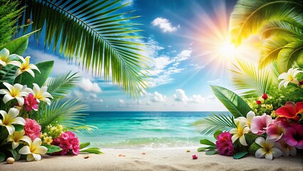 August Summer Background: Sunlit Beach Scene with Vibrant Colors and Tropical Plants