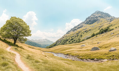 Fototapeta premium Scenic landscape with lush hills winding path and clear stream in the countryside