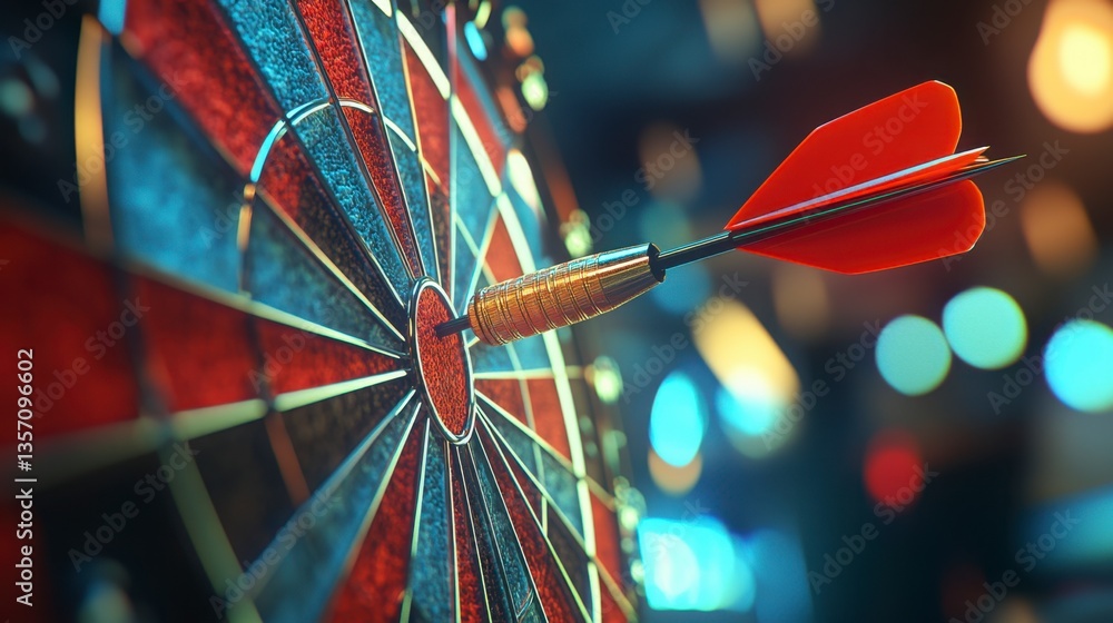 Poster red dart hitting the bullseye of a dartboard, close up view with blurred background lights.